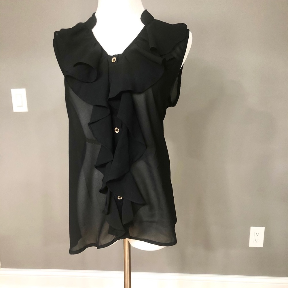 Black sheer sleeveless ruffle blouse